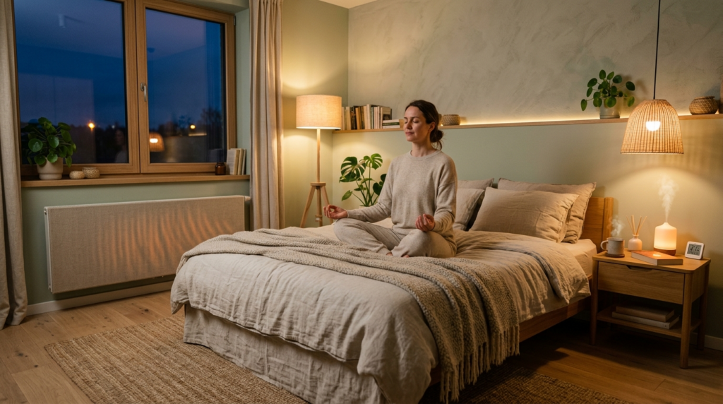 Photorealistic image of a cozy, well-insulated home bedroom 
