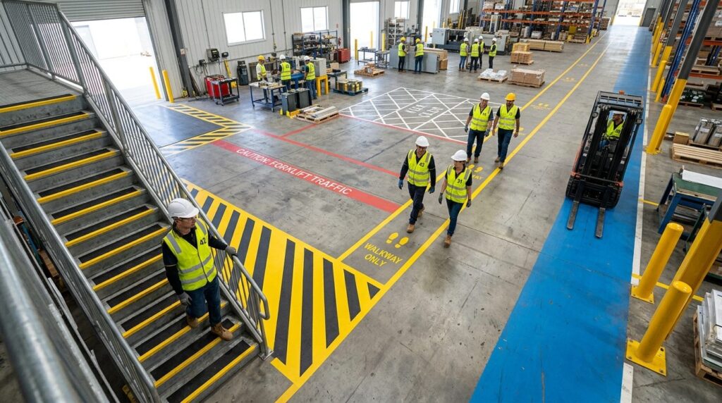 Realistic overhead view of a high-traffic industrial floor w
