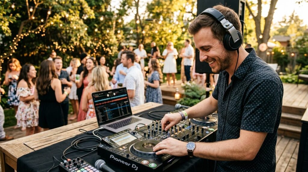 Close-up of a smiling DJ adjusting equipment and headphones 