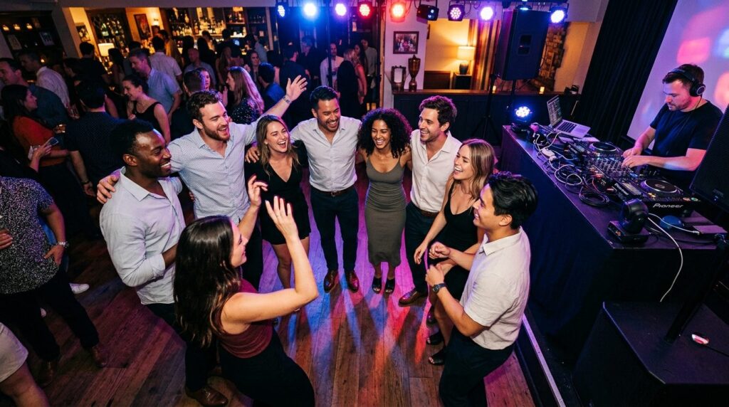 Overhead view of a diverse group of friends dancing and cele