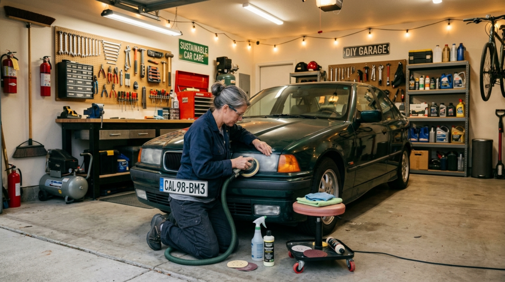 Wide shot of a middle-aged person in casual work clothes per