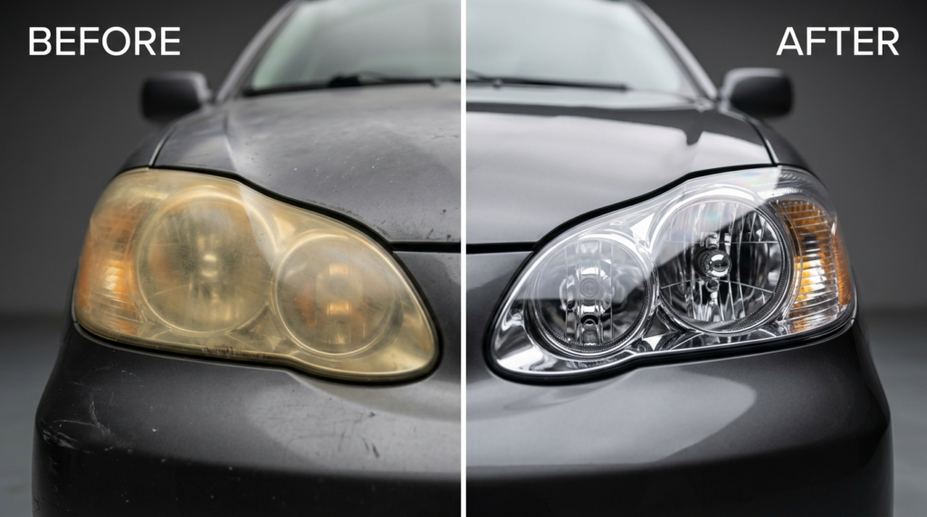 Split-screen style comparison showing a dull yellowed car he