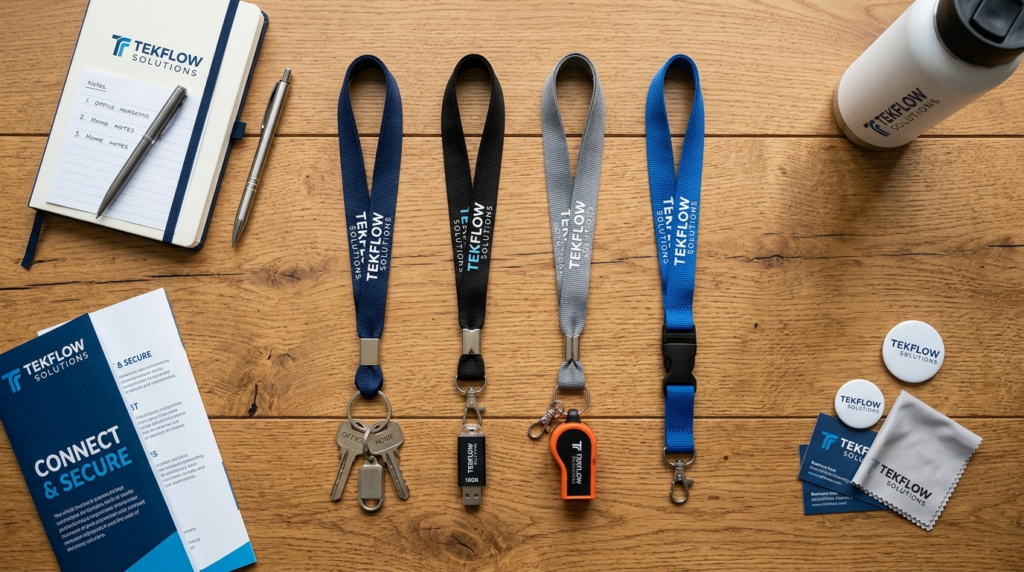 Flat lay product photography of compact branded lanyards wit