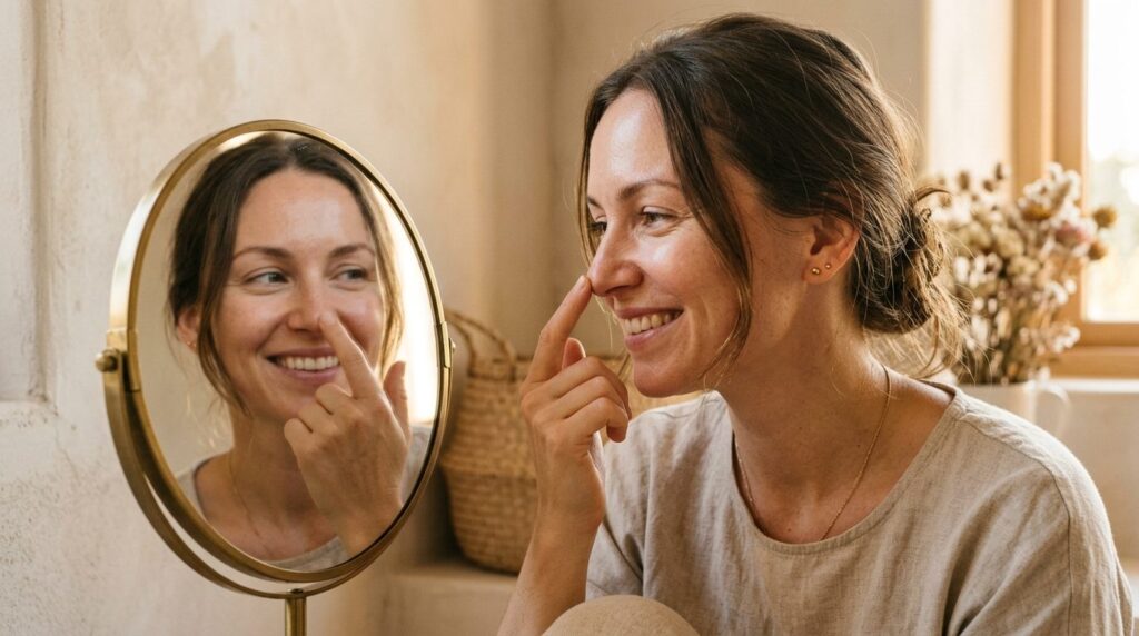 Close-up portrait of a serene woman looking at herself in a