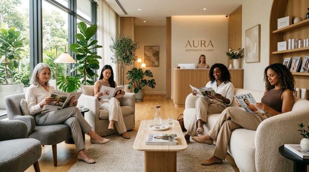 Modern aesthetic clinic waiting area with calming interior d