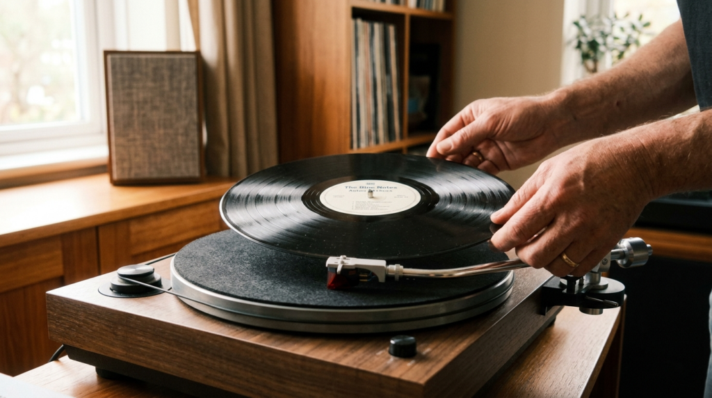 Close-up detail shot of hands carefully placing a vinyl reco