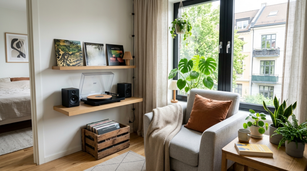 Wide establishing shot of a beginner-friendly vinyl setup in