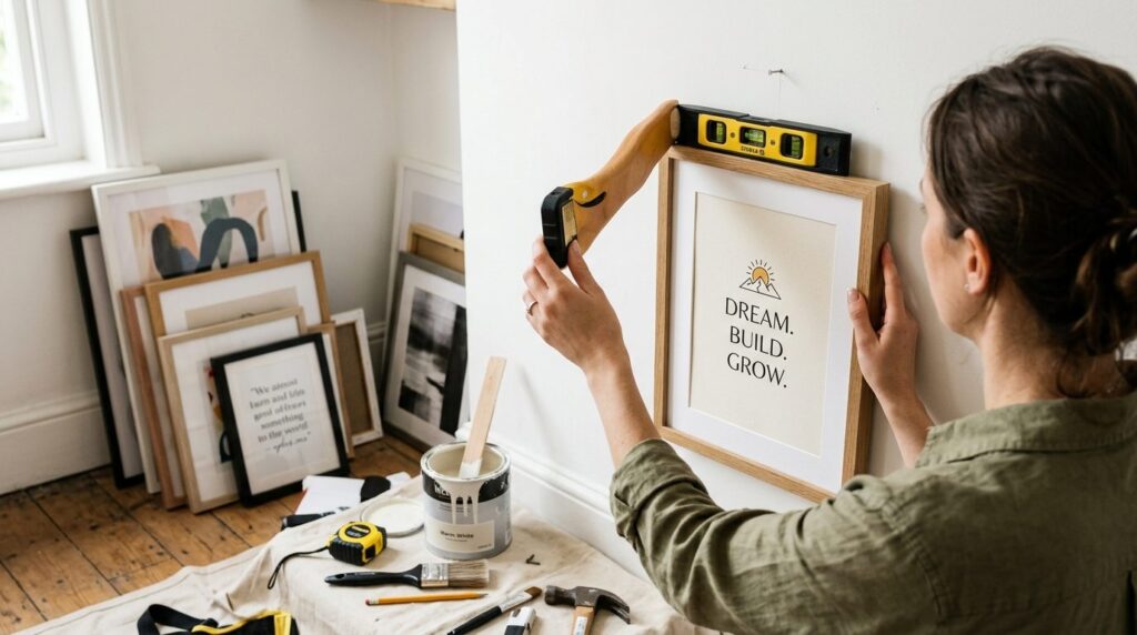 Close-up of a womans hands carefully hanging a framed motiv