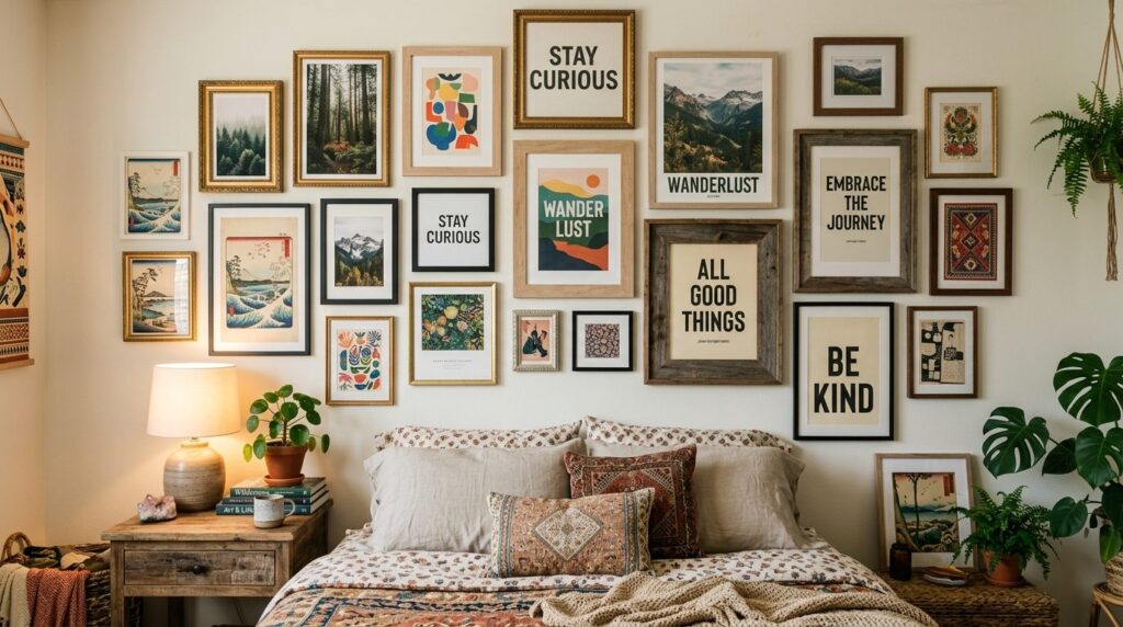 Eclectic bedroom wall featuring an artistic collage of diver
