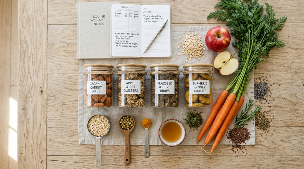 Flat lay overhead shot of a wellness-conscious horse owners