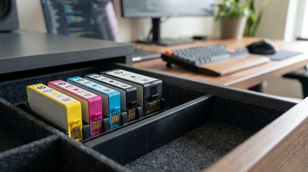 Close-up detail shot of quality HP ink cartridges arranged i