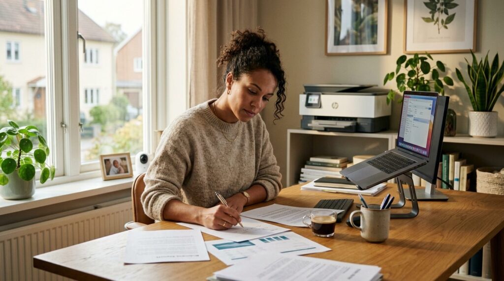 Diverse Scandinavian professional woman reviewing printed do