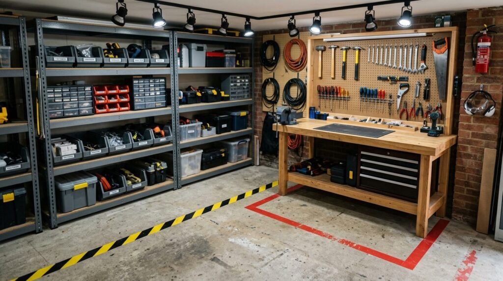 Close-up of a well-organized home workshop corner showing ye