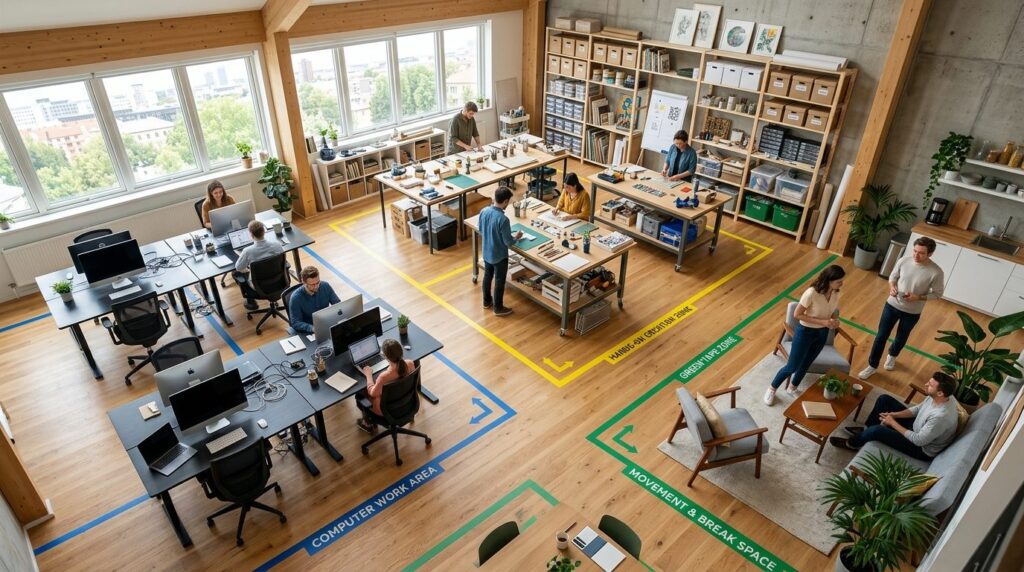 Aerial view of a creative studio space with multiple functio