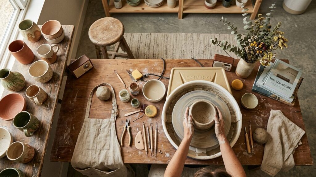 Overhead view of a modern pottery studio workspace with a ce