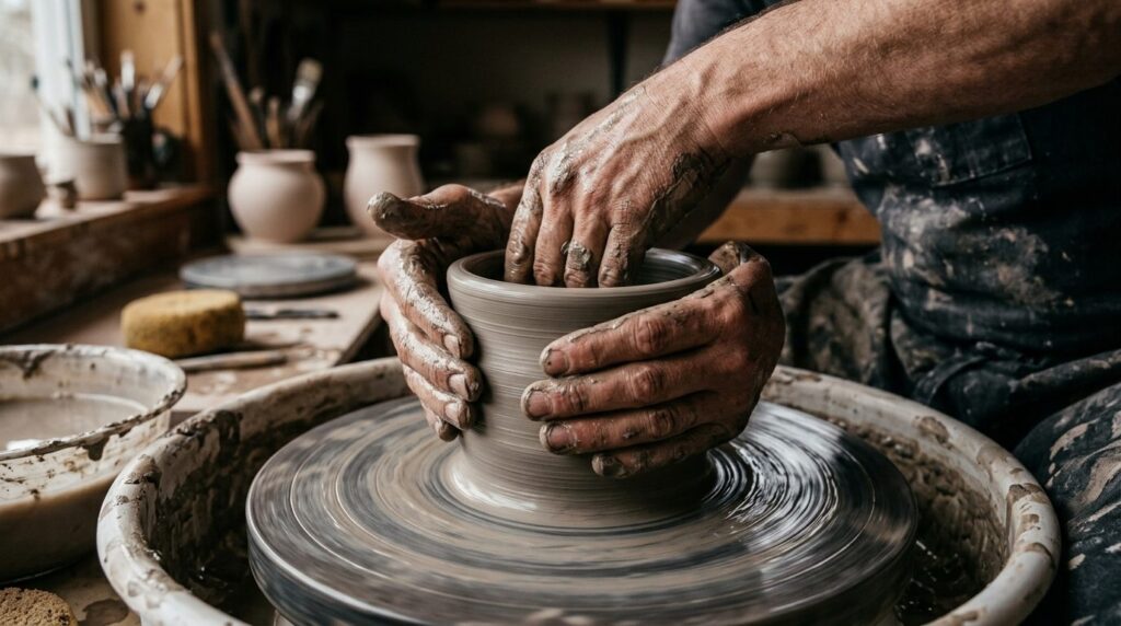 Close-up detail of potters hands working with clay on a spi