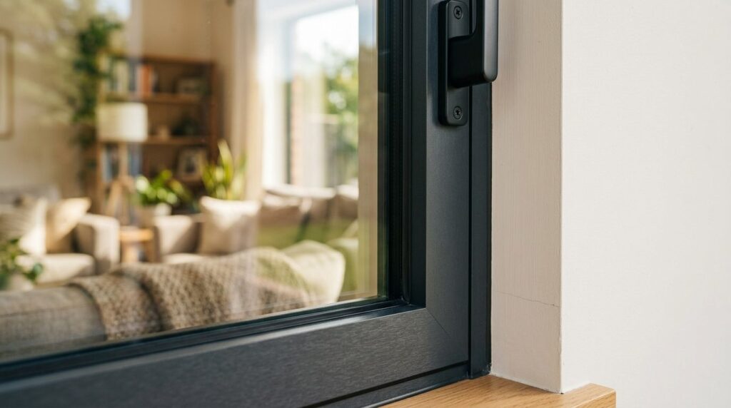 Close-up detail shot of premium window frame installation, m
