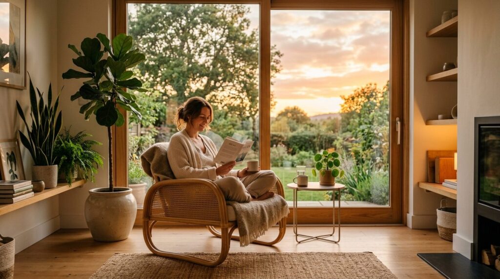 Peaceful home wellness scene, woman in comfortable chair by