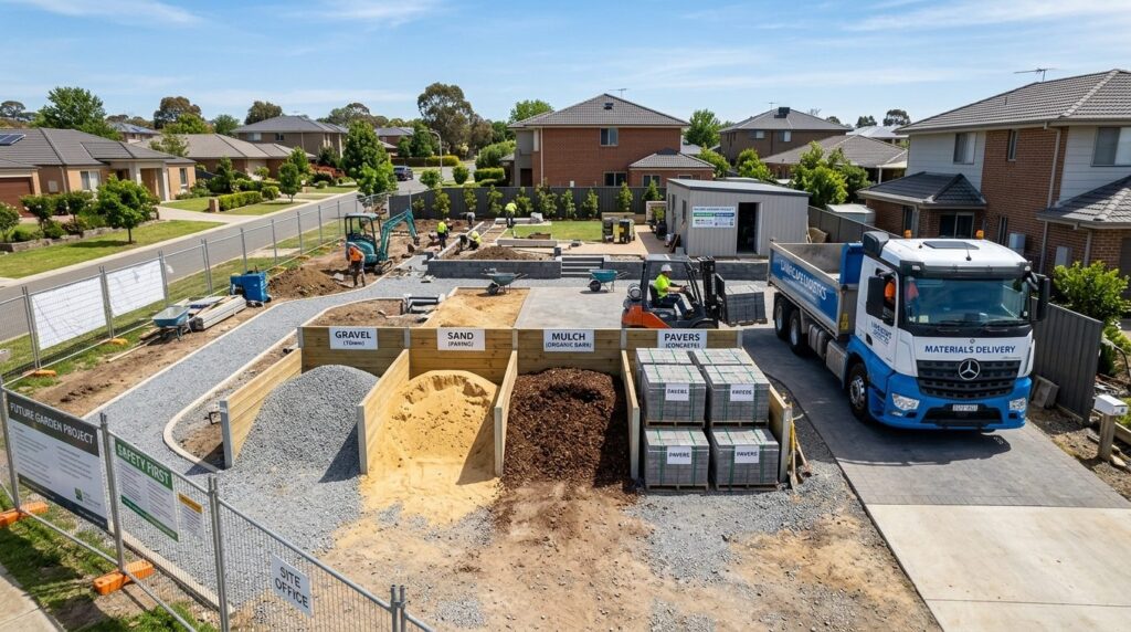 Wide-angle view of an efficiently organized garden construct