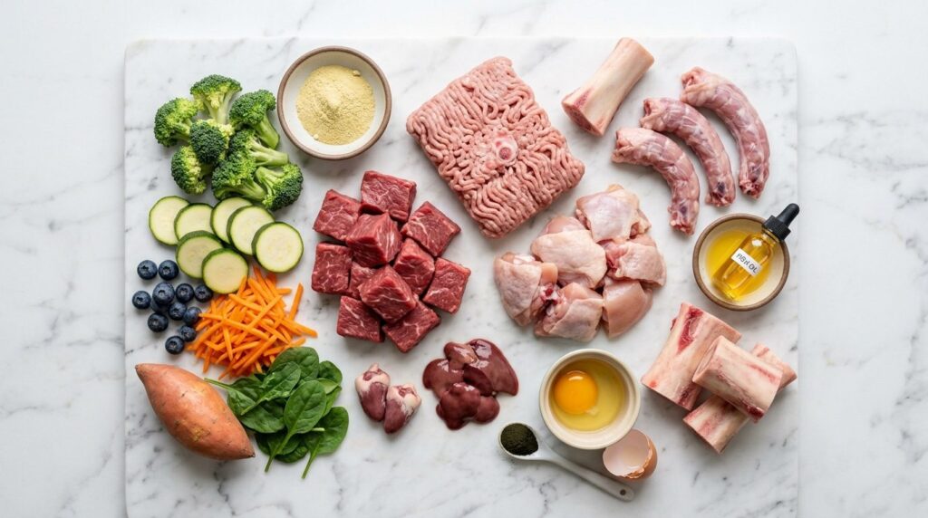 Close-up flat lay photography of raw dog food ingredients ar