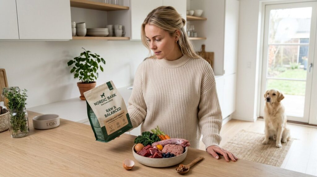 Woman in bright scandinavian home interior examining raw dog