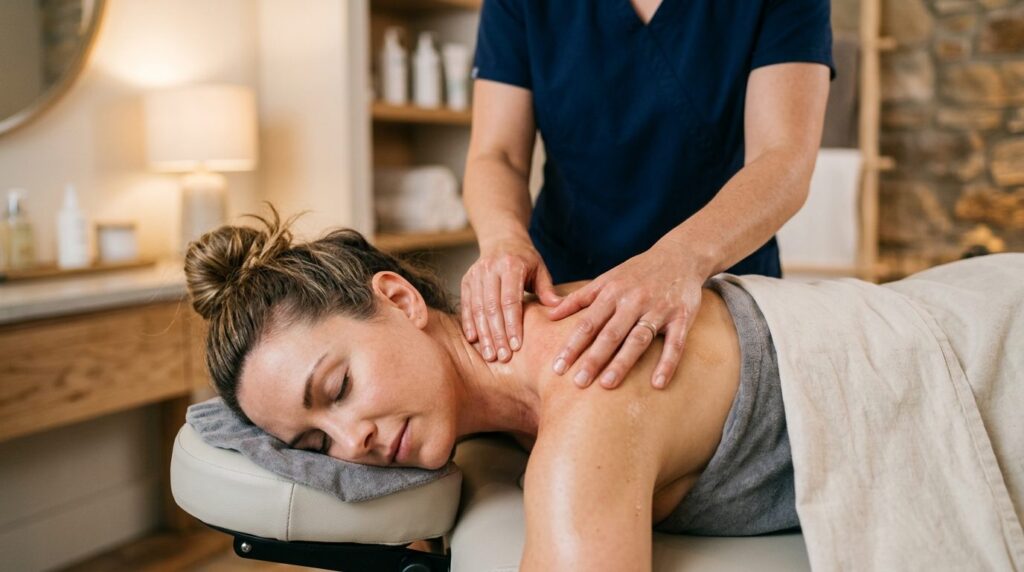 Close-up detail shot of a massage therapists hands performi