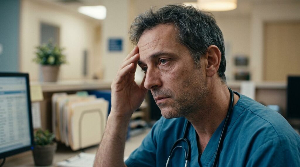Realistic stock photo, 16:9 format. Close-up of tired mans 